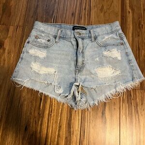 light wash ripped denim/jean “high rise shorty” shorts from areopostale